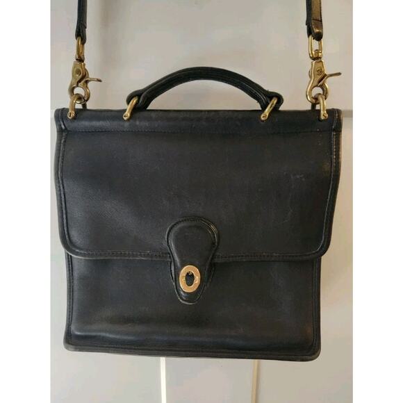 Vintage 93 CLASSIC WILLIS COACH Bag 9927 Black Leather Brass Turn Lock Hardware - Picture 3 of 7